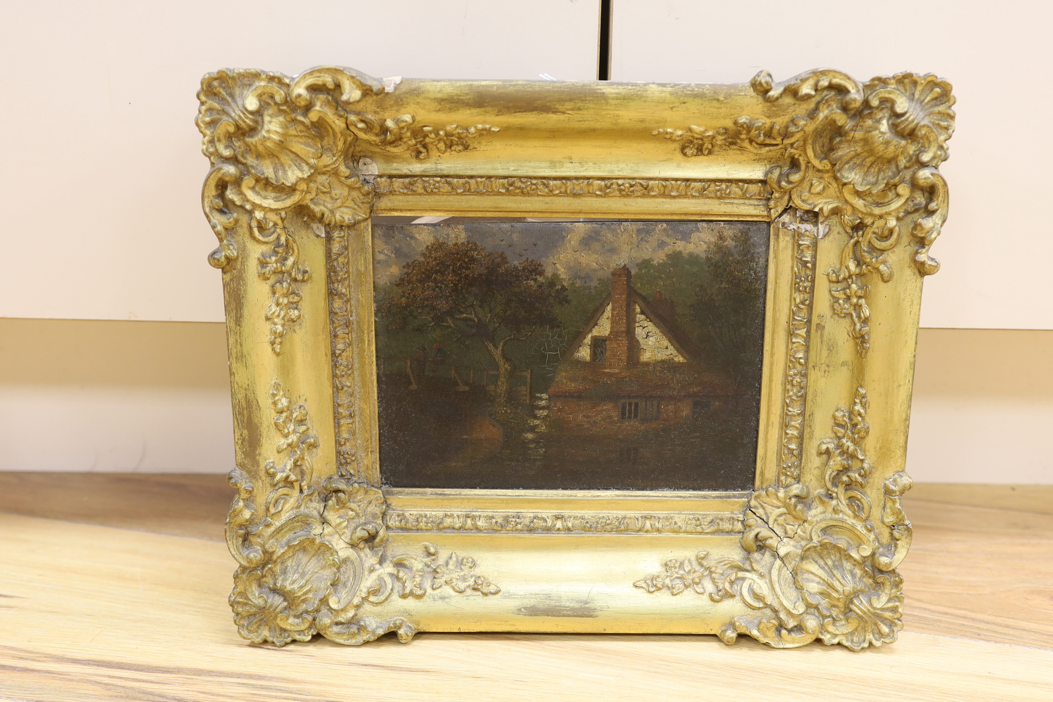 Early 19th century, oil on panel, Rural landscape with cottage, 15 x 20cm, ornate gilt framed